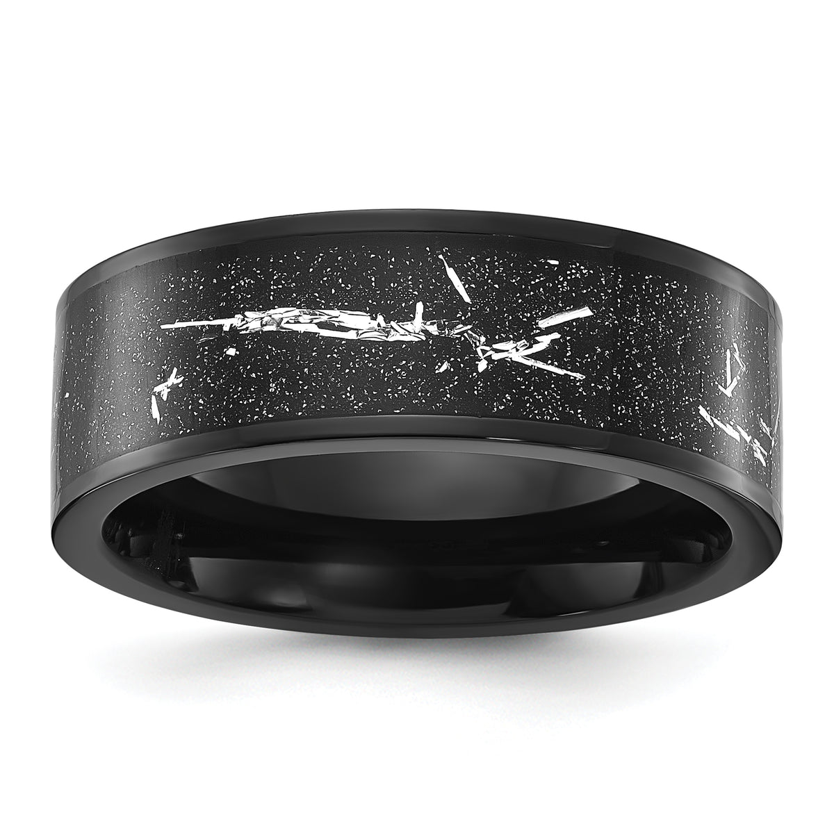 Chisel Stainless Steel Polished Black IP-plated Black and Silver Foil Inlay 8mm Band