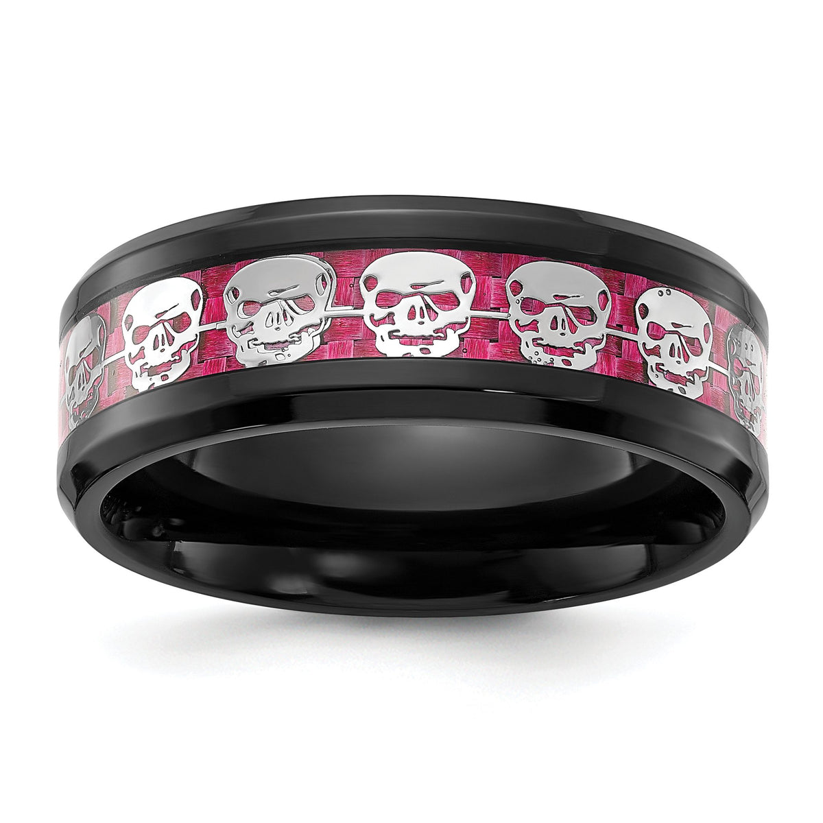 Chisel Skulls Carbon Fiber Inlay Wedding Band in Black IP-Plated Stainless Steel, 8mm, Size 8–13 - Sophia Jewelers Main image