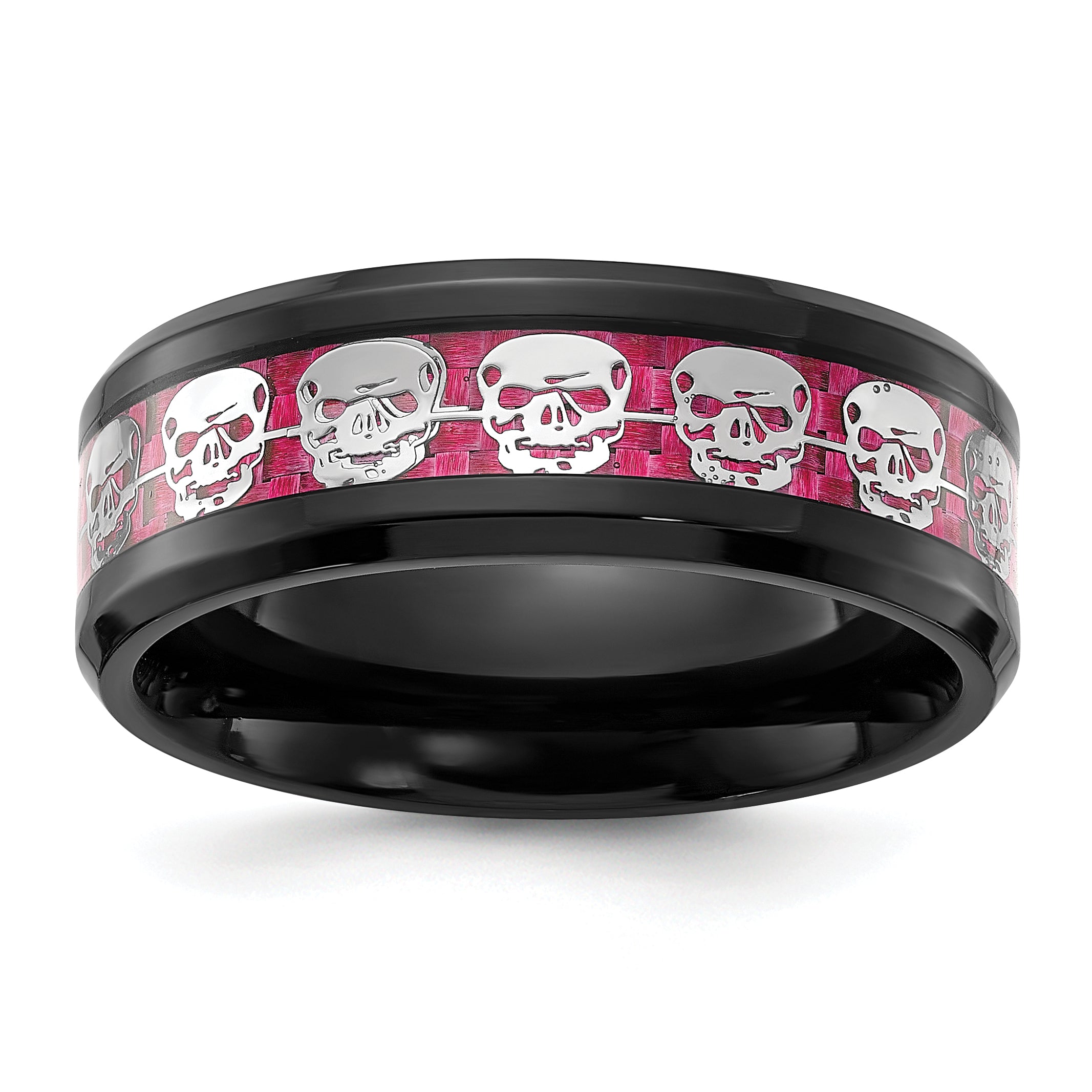 Chisel Stainless Steel Polished  Black IP-plated Skulls with Pink Carbon Fiber Inlay 8mm Band Main image
