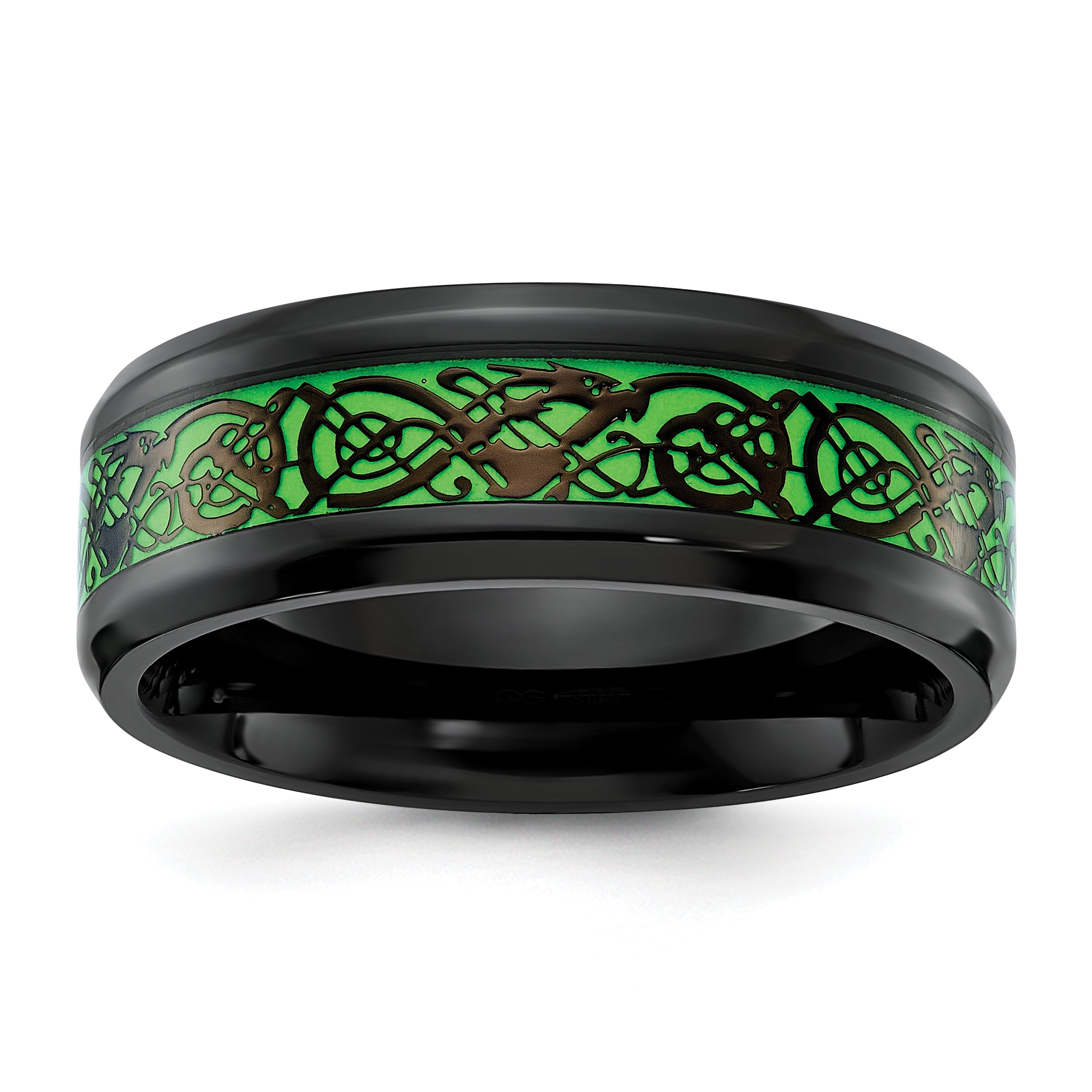 Chisel Stainless Steel Polished Black IP-plated Dragon Design with Green Glow in the Dark Enamel 8mm Band Main image