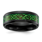 Chisel Stainless Steel Polished Black IP-plated Dragon Design with Green Glow in the Dark Enamel 8mm Band