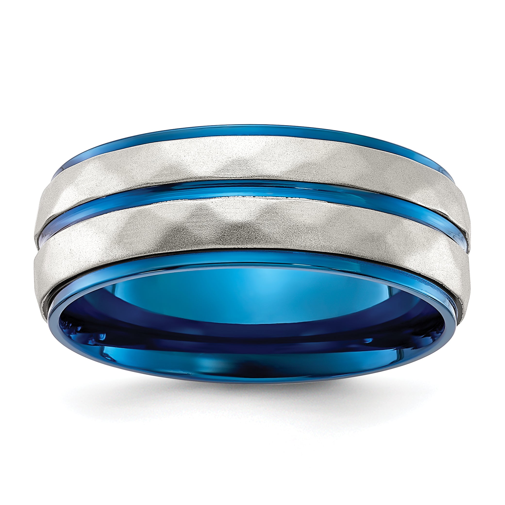 Chisel Stainless Steel Polished and Sand-blasted Faceted Blue IP-plated 8mm Band Main image