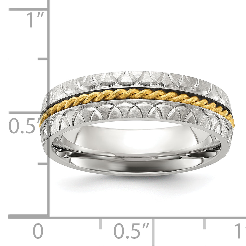Chisel Stainless Steel Brushed, Polished and Textured Yellow IP-plated Center 6mm Band