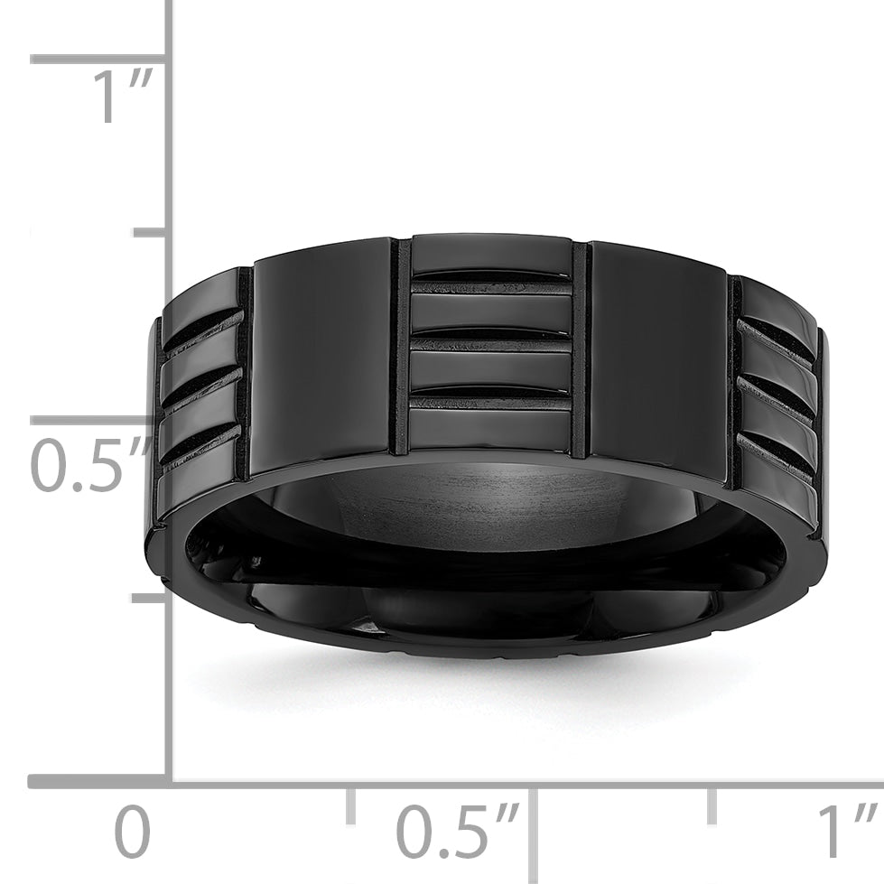 Chisel Stainless Steel Polished Black IP-plated Grooved 8mm Band