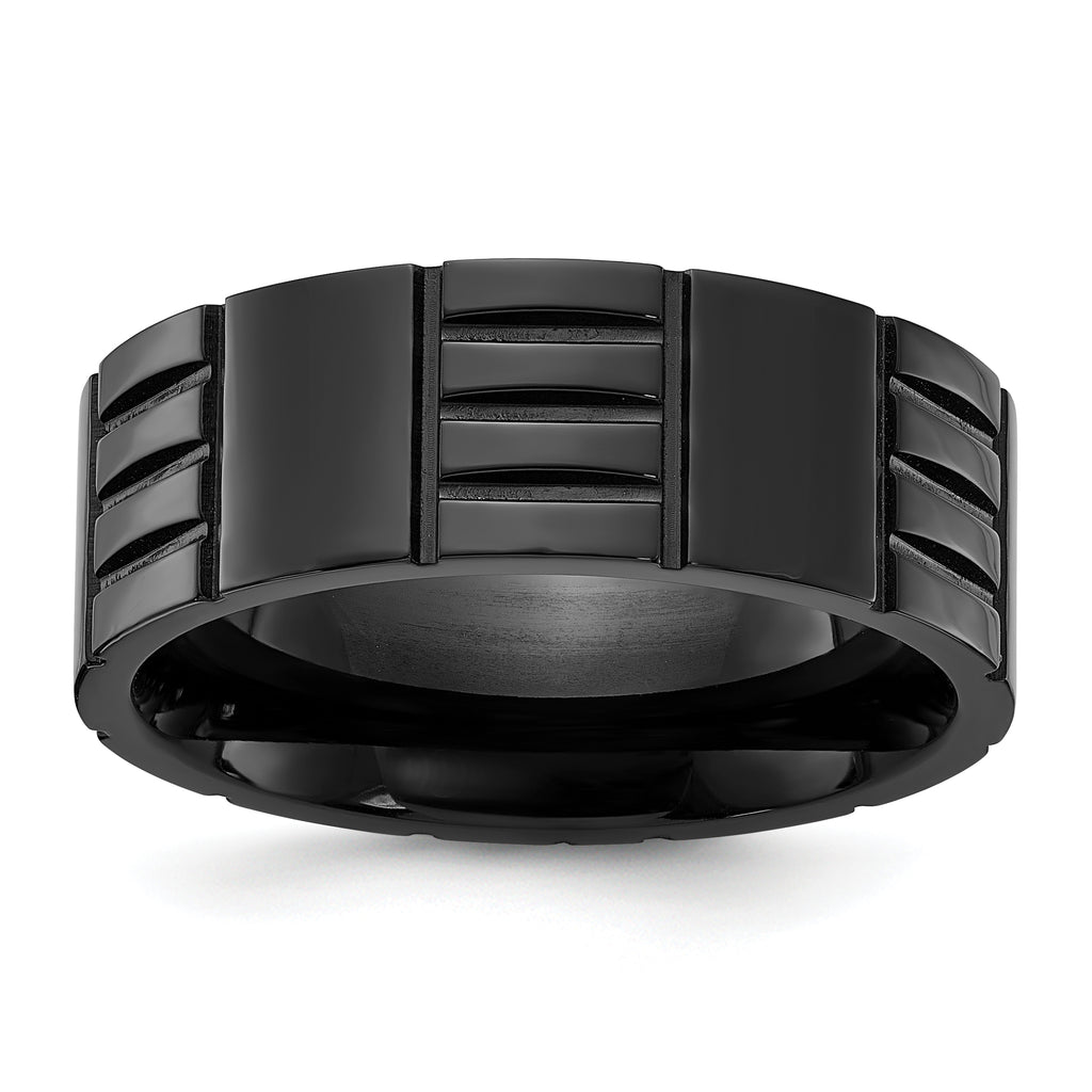 Chisel Stainless Steel Polished Black IP-plated Grooved 8mm Band