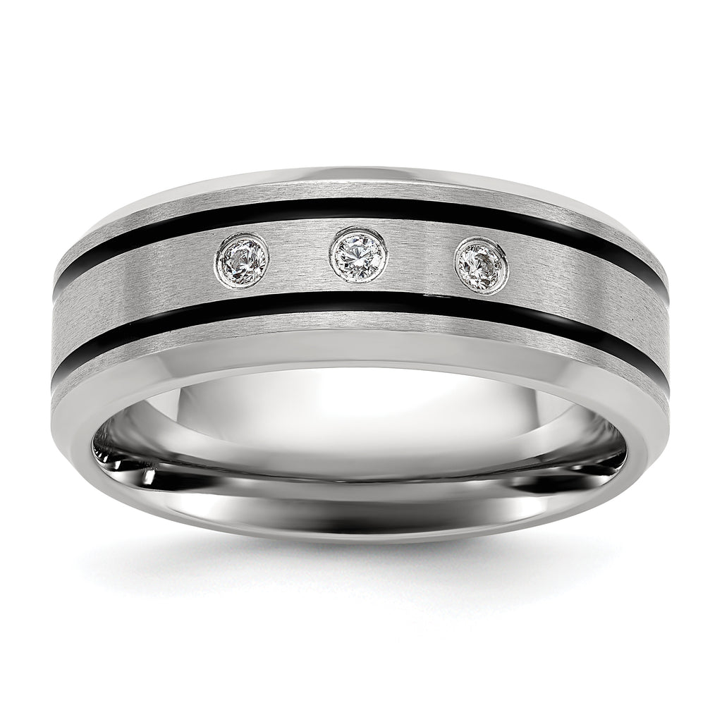 Chisel Stainless Steel Brushed and Polished Enameled with CZ 8mm Band
