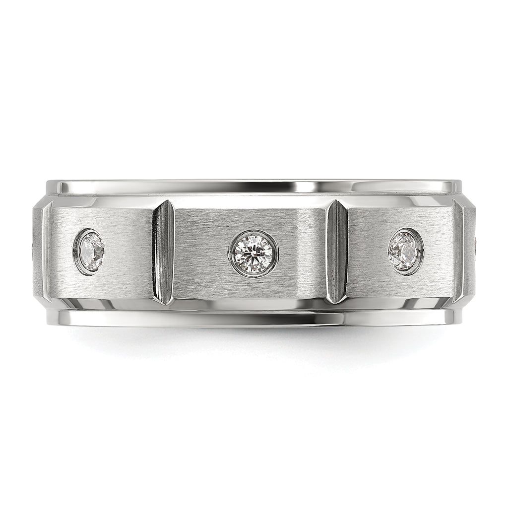 Chisel Stainless Steel Brushed and Polished Grooved with CZ 8mm Band