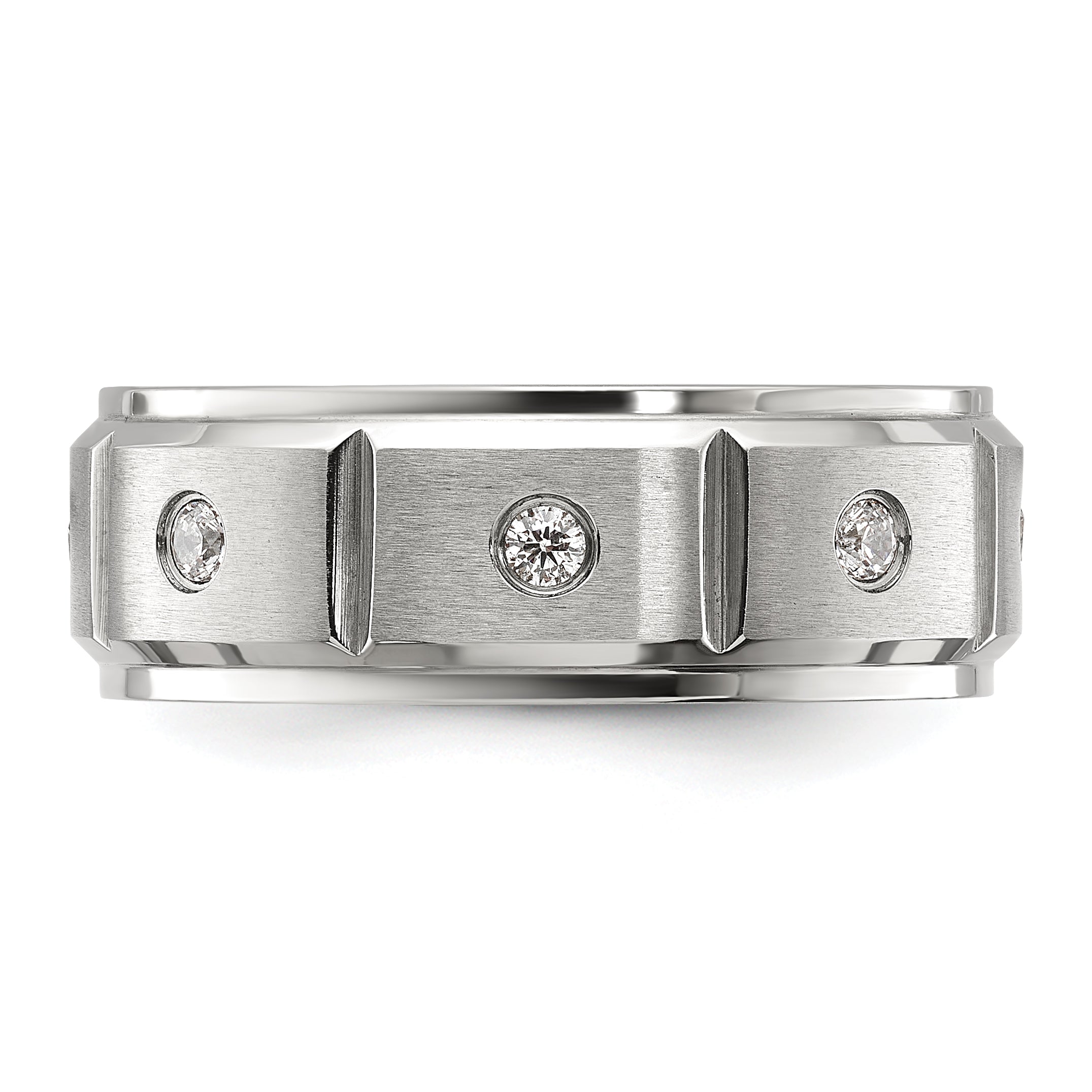 Chisel Stainless Steel Brushed and Polished Grooved with CZ 8mm Band