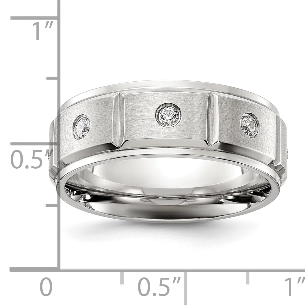 Chisel Stainless Steel Brushed and Polished Grooved with CZ 8mm Band