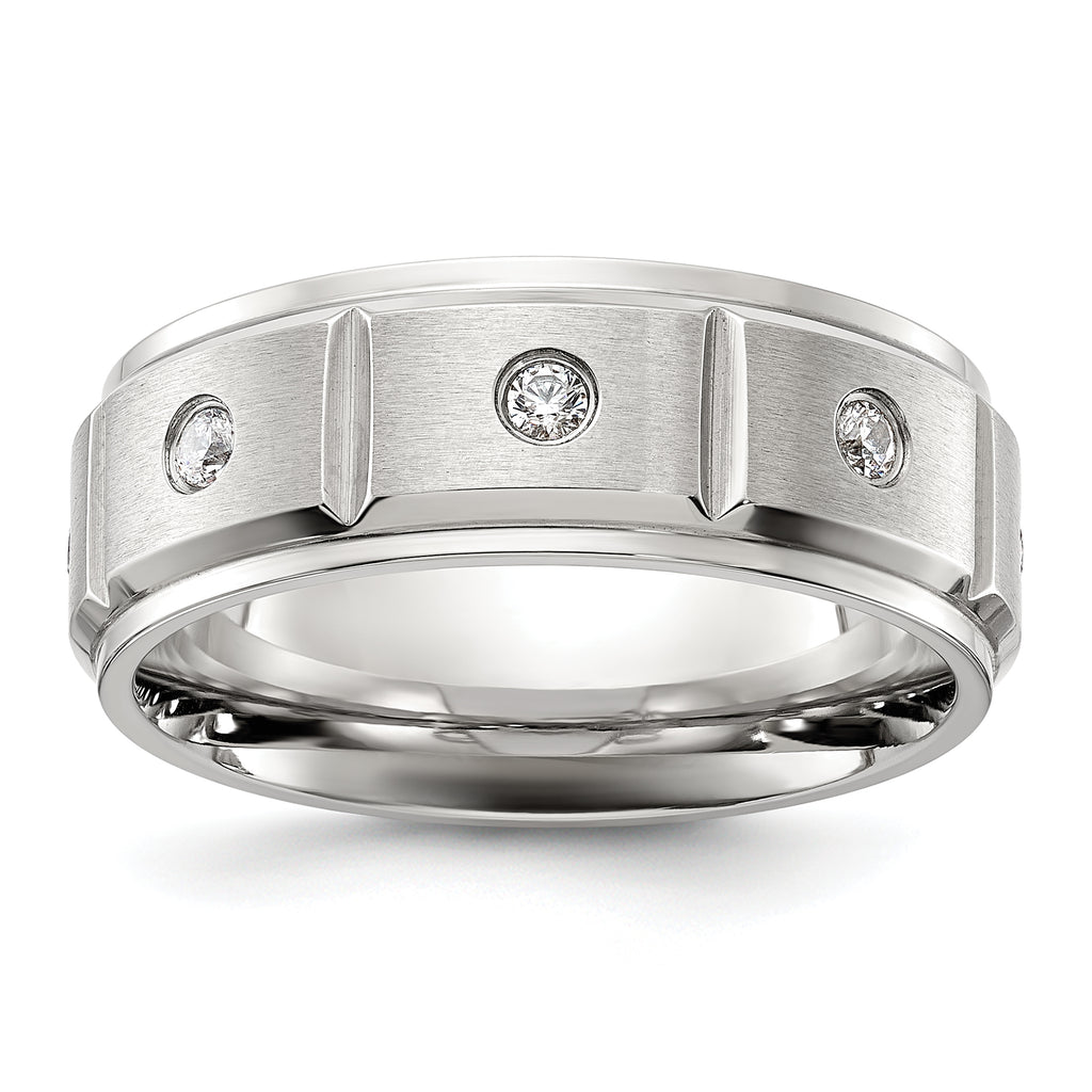Chisel Stainless Steel Brushed and Polished Grooved with CZ 8mm Band