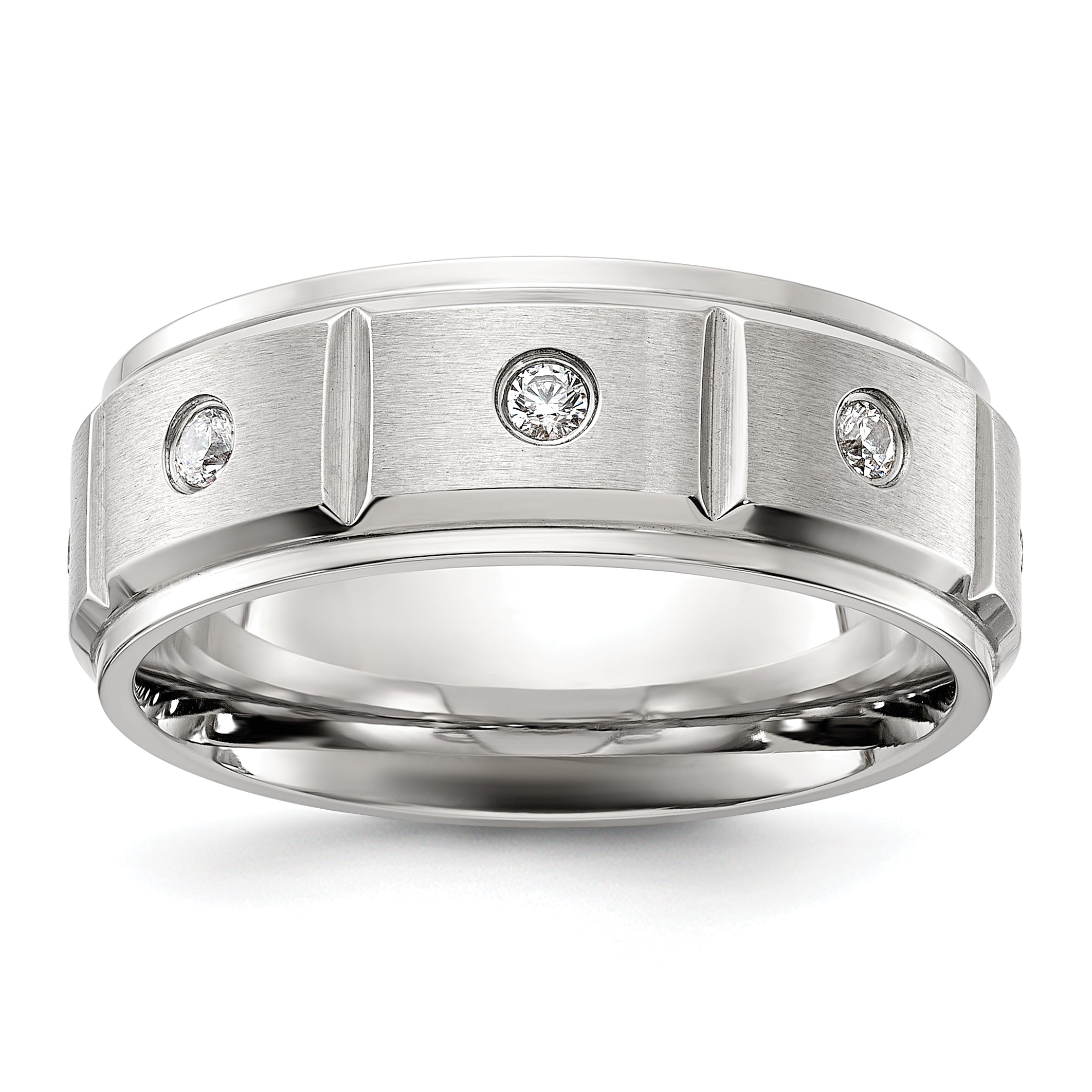 Chisel Stainless Steel Brushed and Polished Grooved with CZ 8mm Band