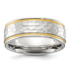 Chisel Stainless Steel Brushed and Polished Hammered Yellow IP-plated 8mm Band
