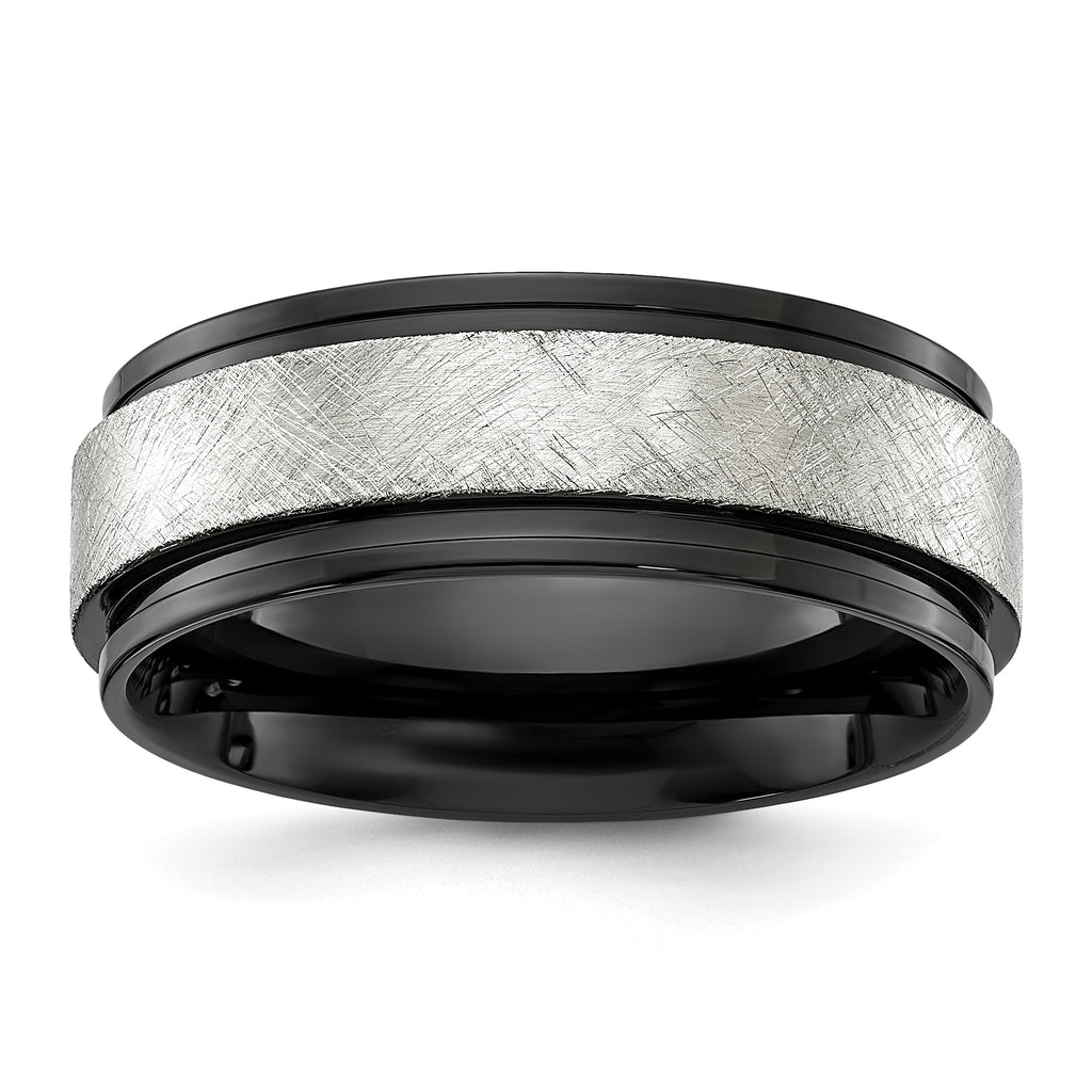 Chisel Stainless Steel Polished Black IP-plated with Scratch Finish Center 8mm Band