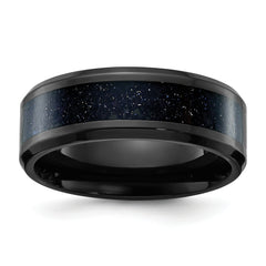 Chisel Stainless Steel Polished Black IP-plated with Blue Star Sandstone Inlay 8mm Band