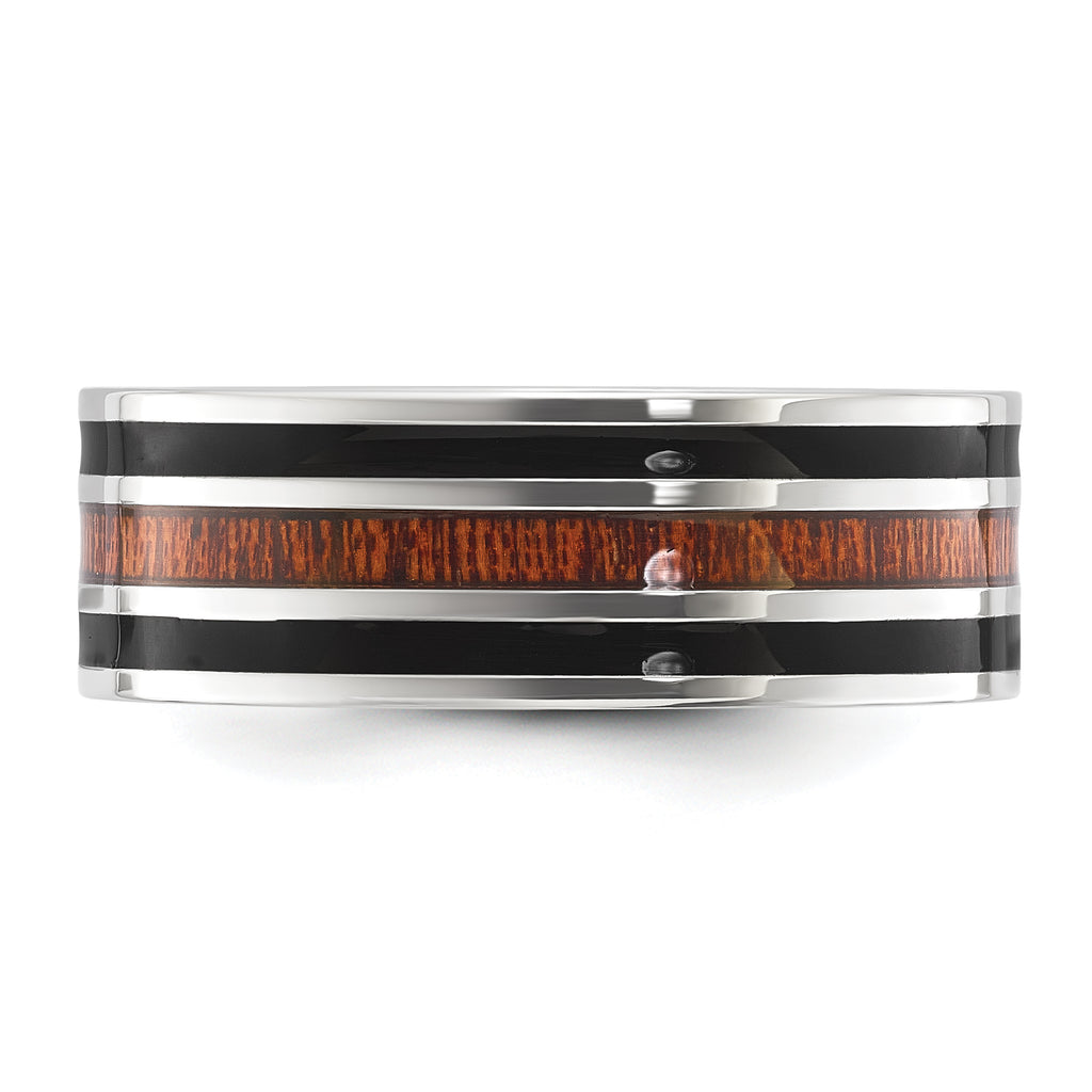 Chisel Stainless Steel Polished with Black Resin and Wood Inlay 8mm Band