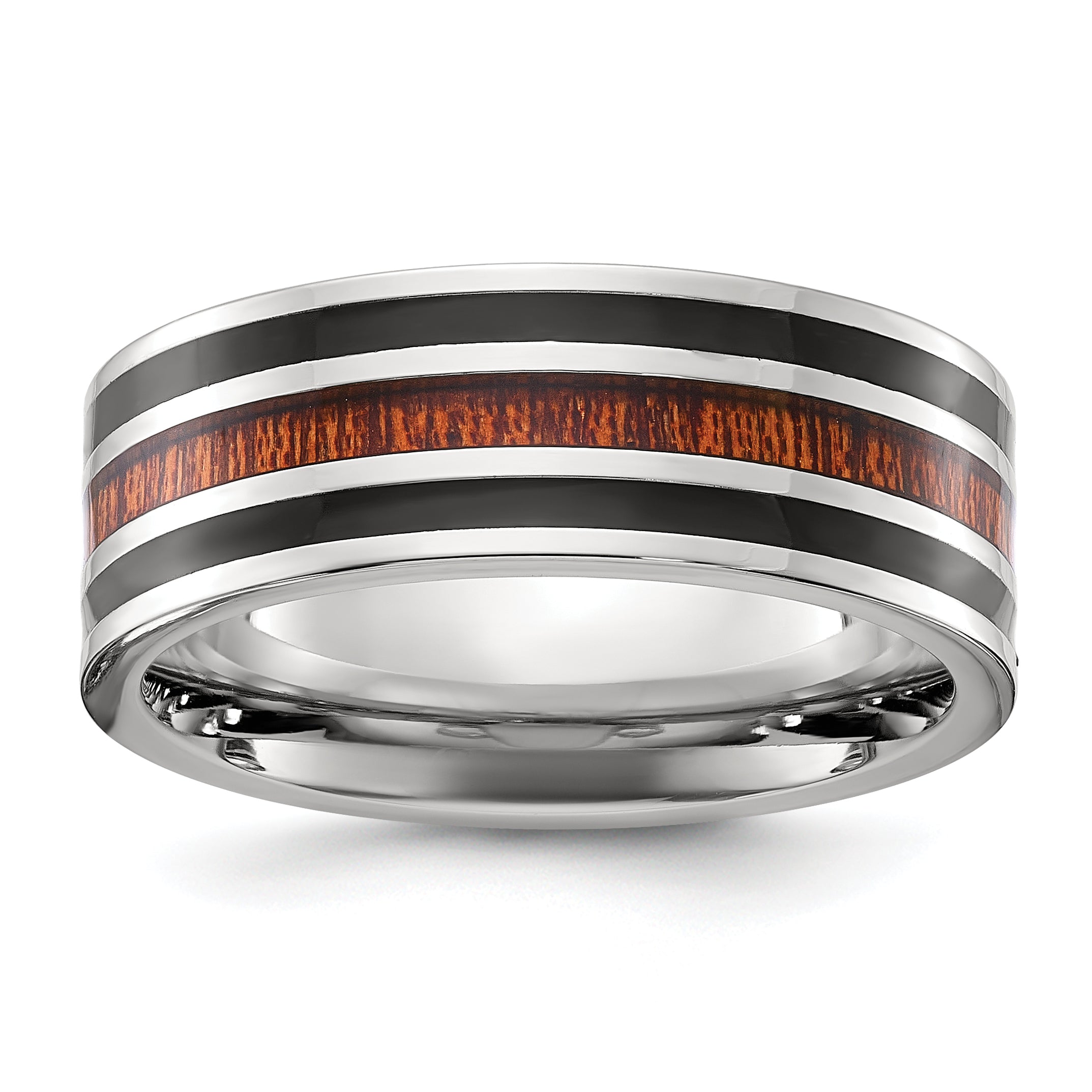 Chisel Stainless Steel Polished with Black Resin and Wood Inlay 8mm Band Main image