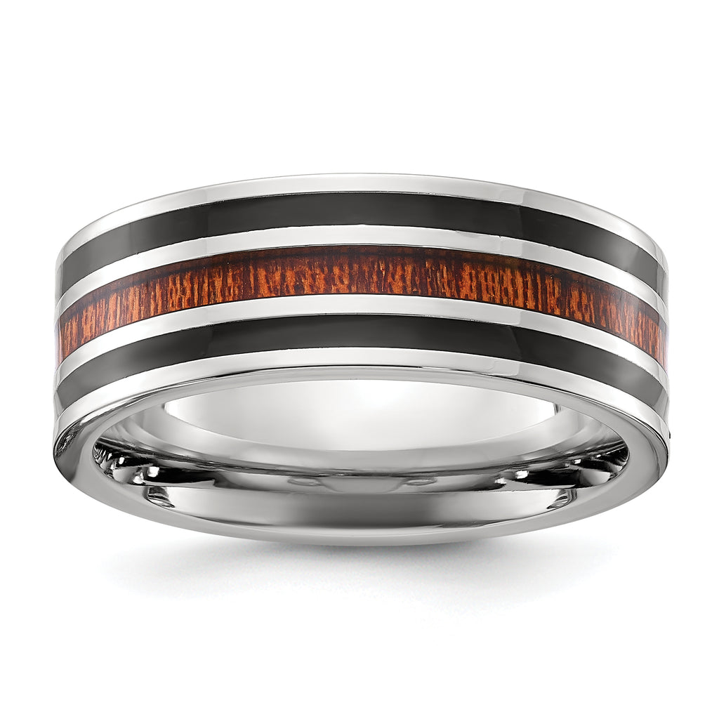 Chisel Stainless Steel Polished with Black Resin and Wood Inlay 8mm Band