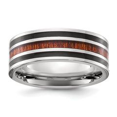 Chisel Stainless Steel Polished with Black Resin and Wood Inlay 8mm Band