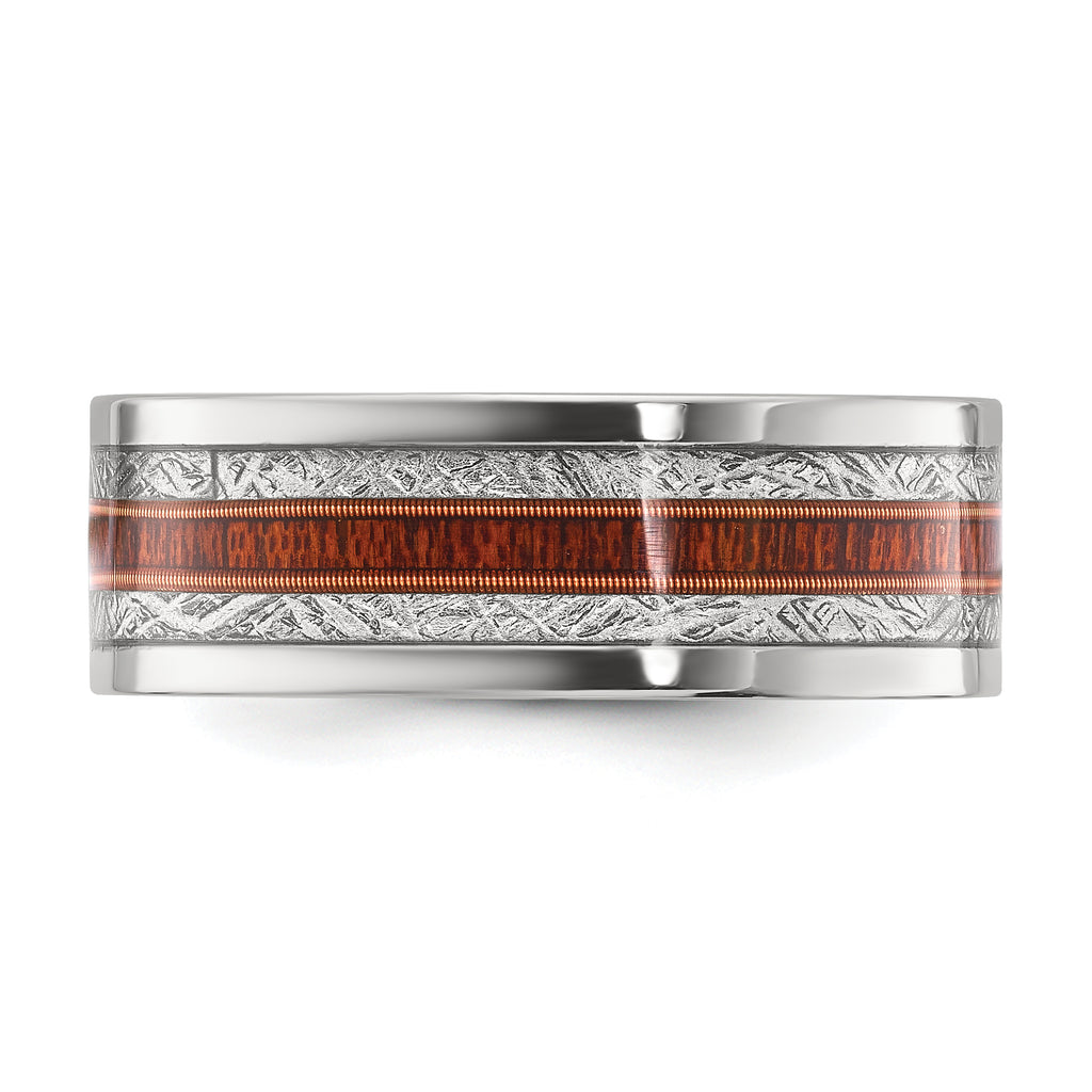 Chisel Stainless Steel Polished with Wood and Imitation Meteorite Inlay 8mm Band
