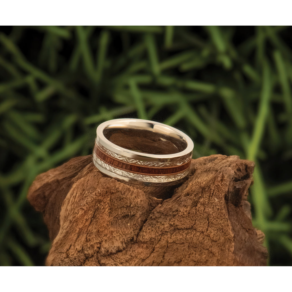 Chisel Stainless Steel Polished with Wood and Imitation Meteorite Inlay 8mm Band