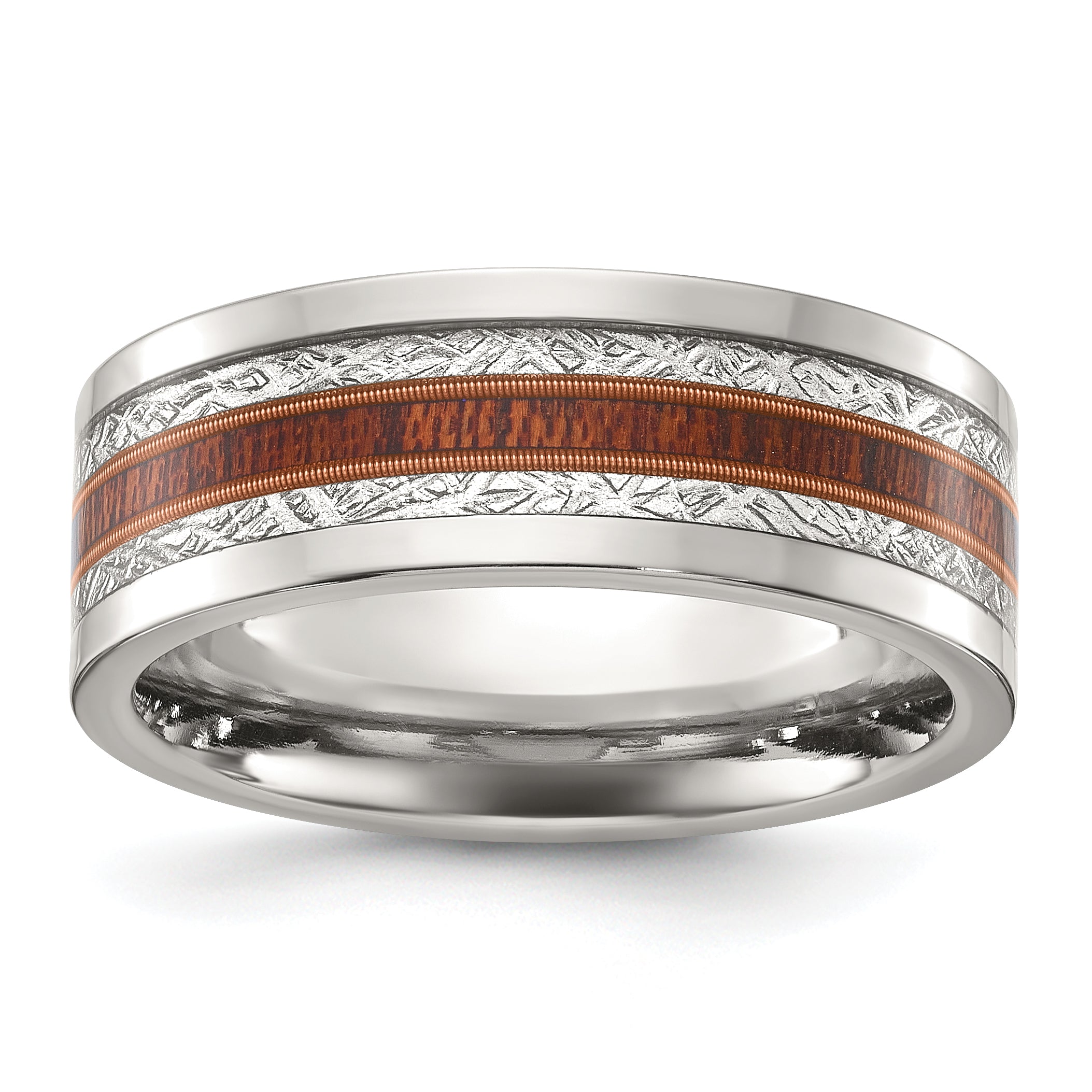 Chisel Stainless Steel Polished with Wood and Imitation Meteorite Inlay 8mm Band