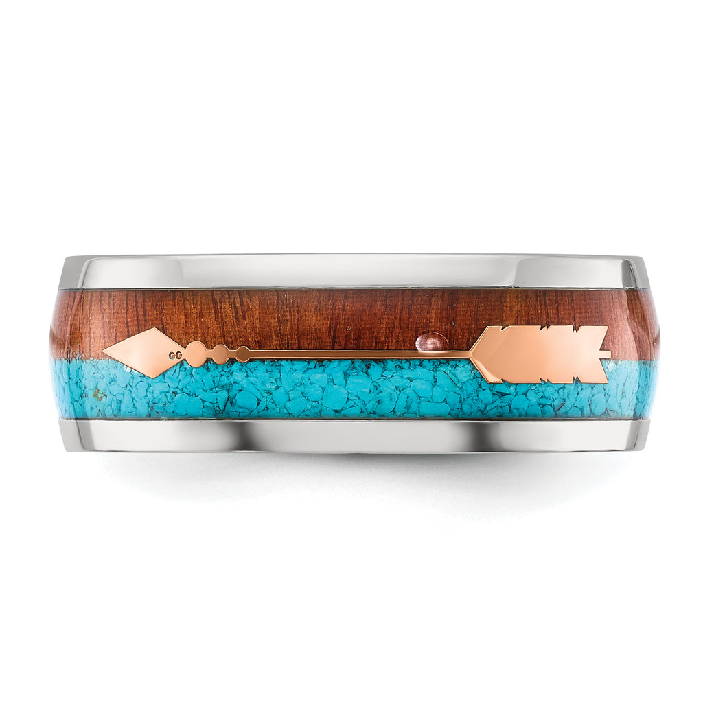 Chisel Stainless Steel Polished Arrow with Turquoise and Wood Inlay 8mm Band