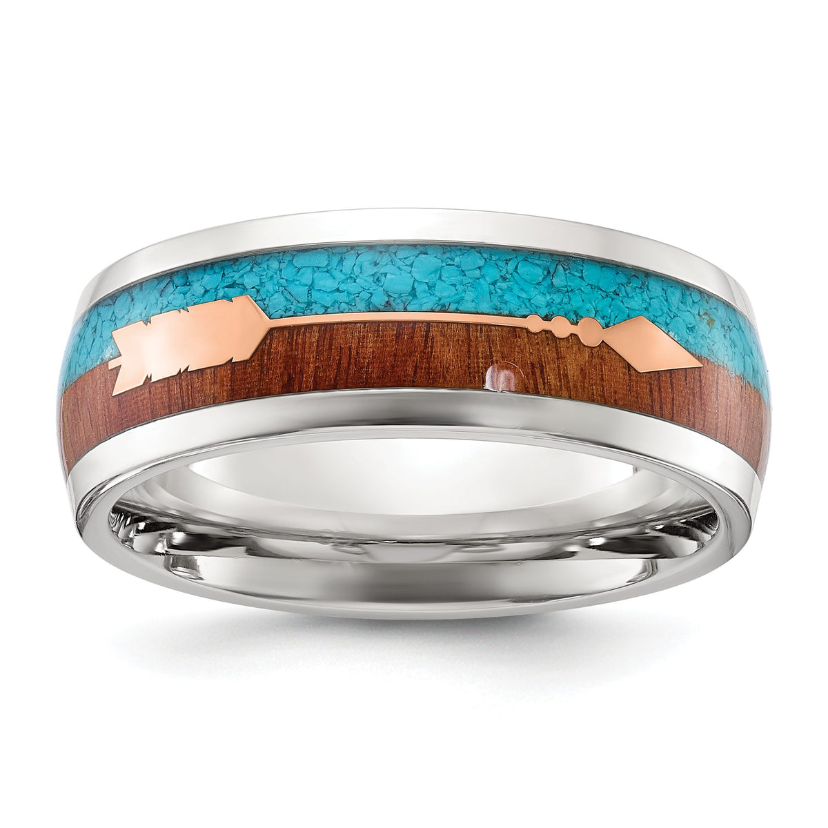 Arrow Band in Stainless Steel with Turquoise & Wood Inlay, 8mm - Sophia Jewelers Main image