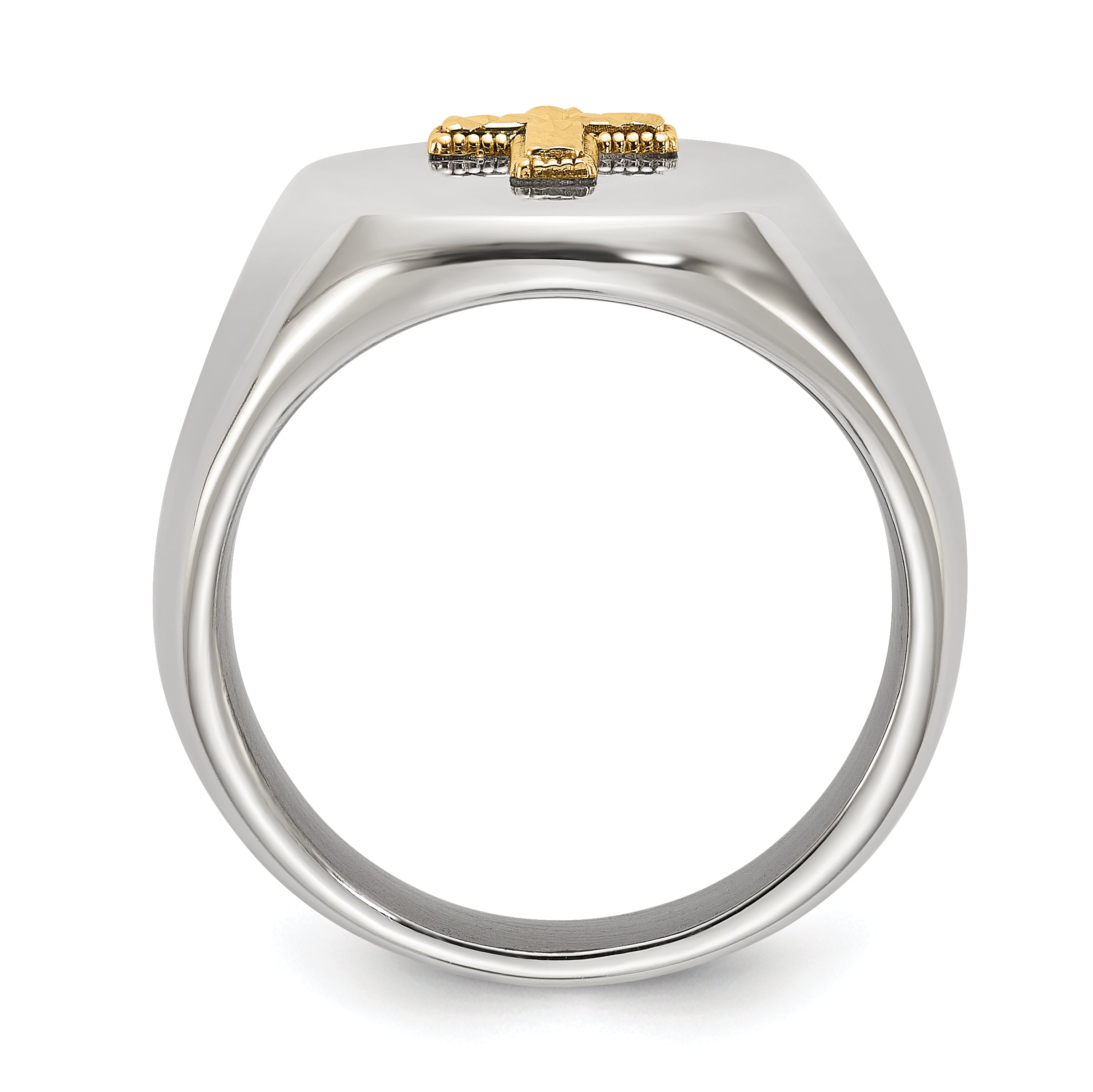 Men's Polished Cross Oval Stainless Steel 14K Gold Accent Signet Ring 9mm Secondary image