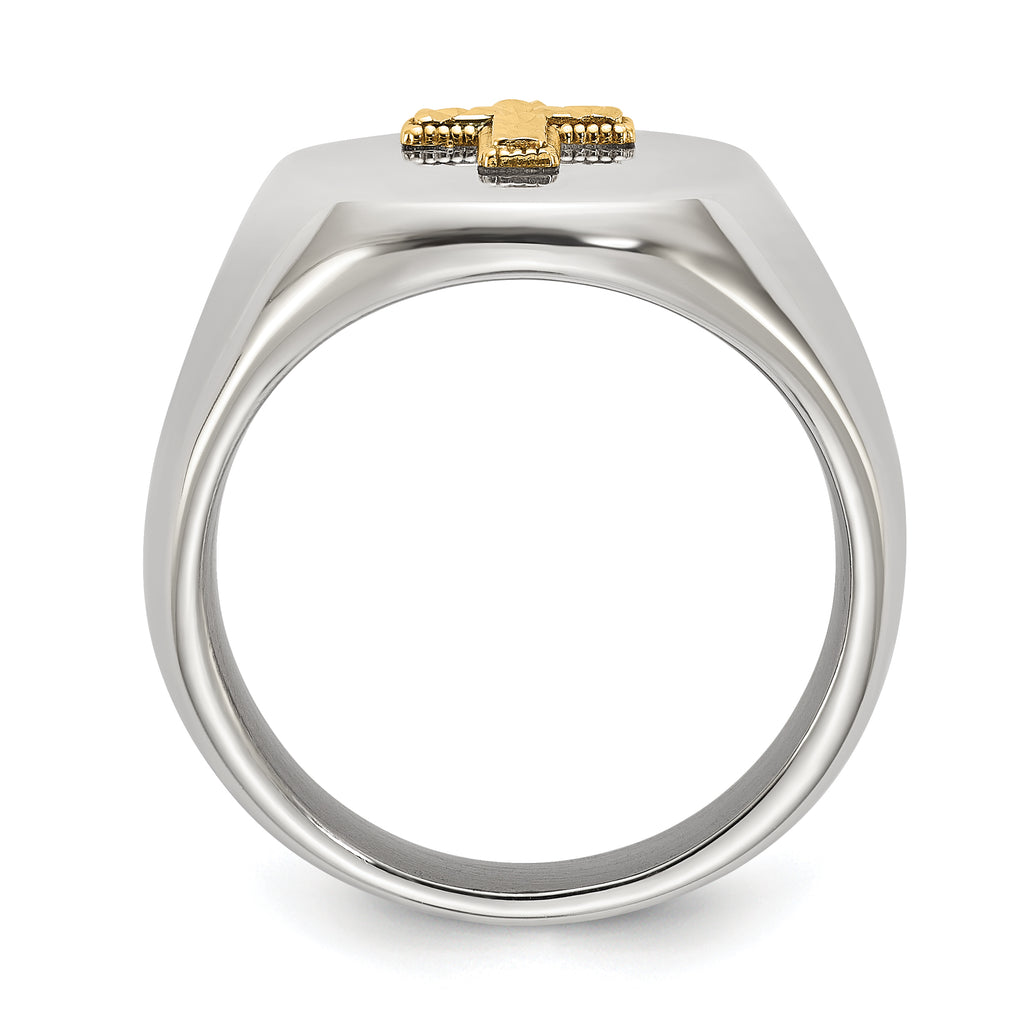 Men's Polished Cross Oval Stainless Steel 14K Gold Accent Signet Ring 9mm