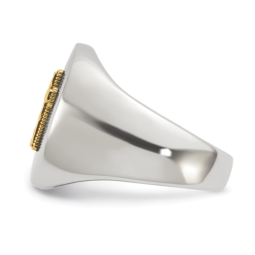 Men's Polished Cross Oval Stainless Steel 14K Gold Accent Signet Ring 9mm