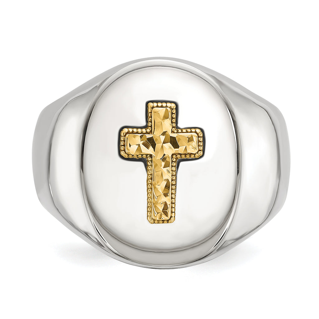 Men's Polished Cross Oval Stainless Steel 14K Gold Accent Signet Ring 9mm