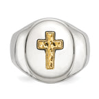 Men's Polished Cross Oval Stainless Steel 14K Gold Accent Signet Ring 9mm