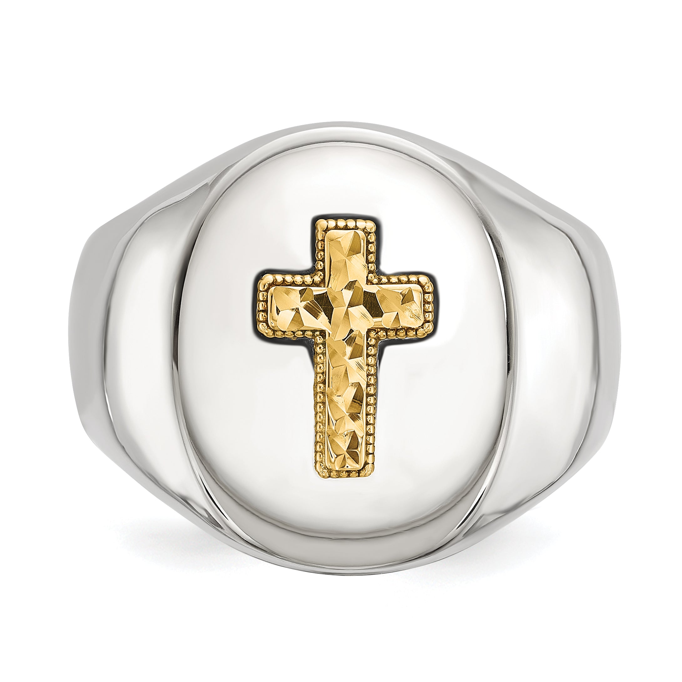 Men's Polished Cross Oval Stainless Steel 14K Gold Accent Signet Ring 9mm