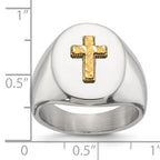 Men's Polished Cross Oval Stainless Steel 14K Gold Accent Signet Ring 9mm