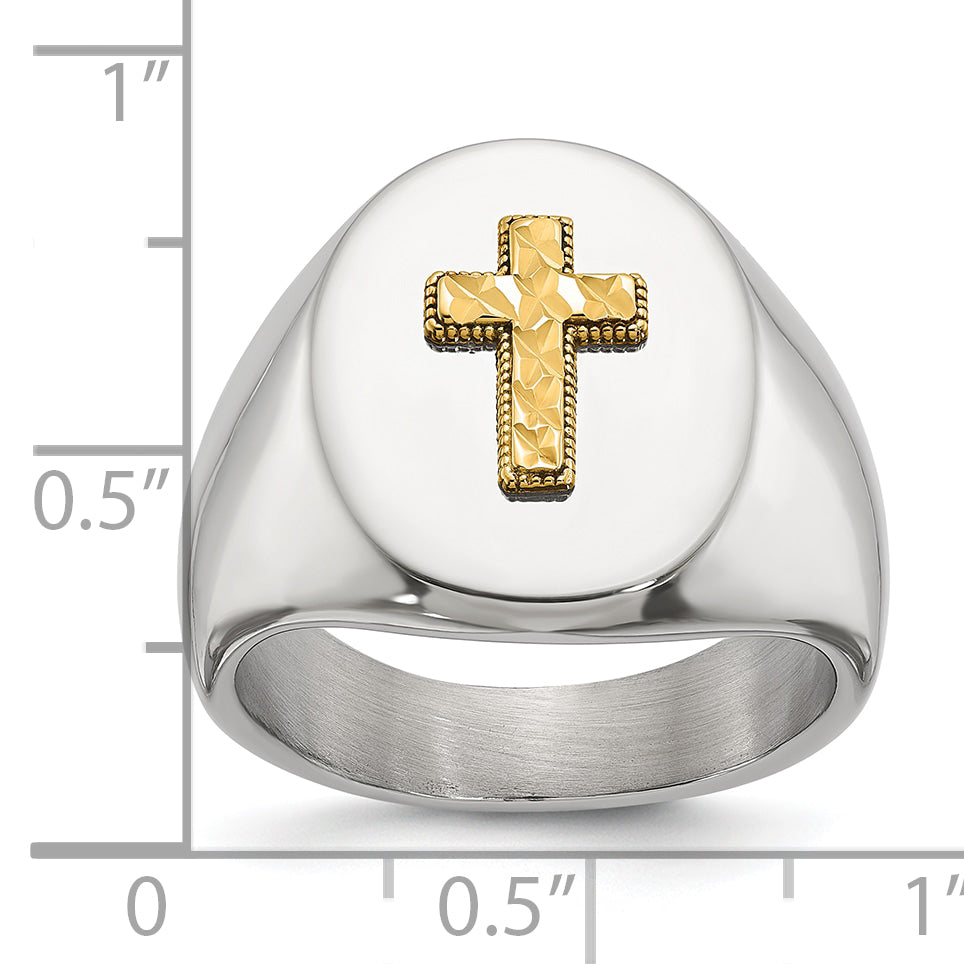 Men's Polished Cross Oval Stainless Steel 14K Gold Accent Signet Ring 9mm