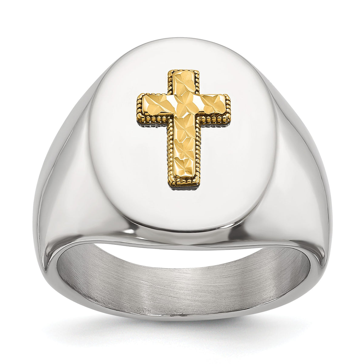 Men's Polished Cross Oval Stainless Steel 14K Gold Accent Signet Ring 9mm, Size 9–11 - Sophia Jewelers Main image