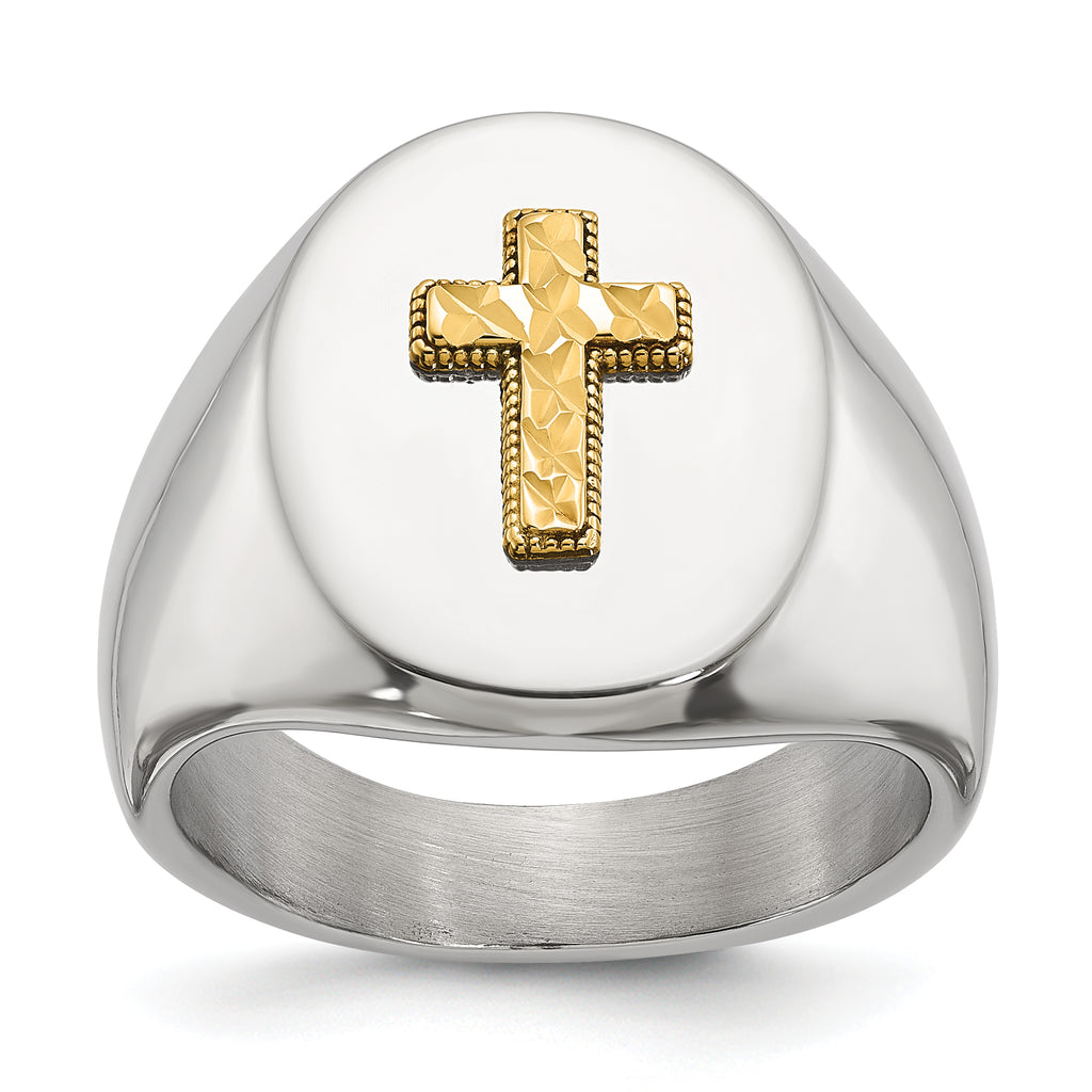 Men's Polished Cross Oval Stainless Steel 14K Gold Accent Signet Ring 9mm