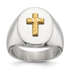 Men's Polished Cross Oval Stainless Steel 14K Gold Accent Signet Ring 9mm