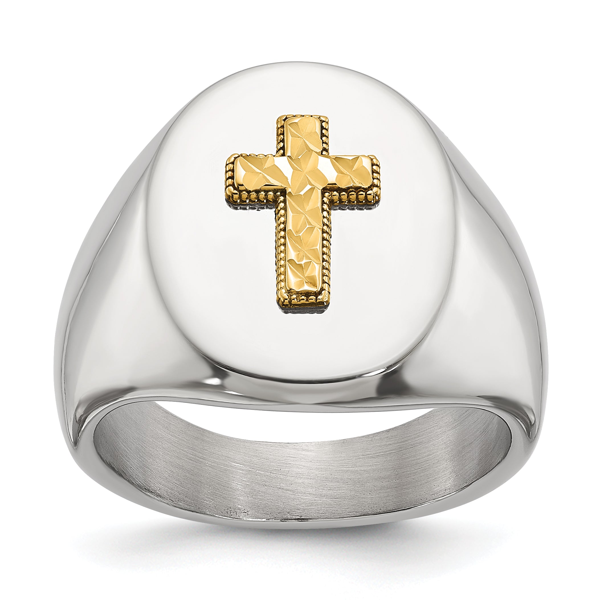 Men's Polished Cross Oval Stainless Steel 14K Gold Accent Signet Ring 9mm