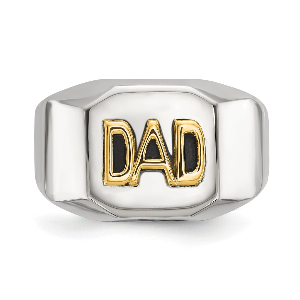 Men's Polished DAD Black Enamel Stainless Steel 14K Gold Accent Ring 8mm