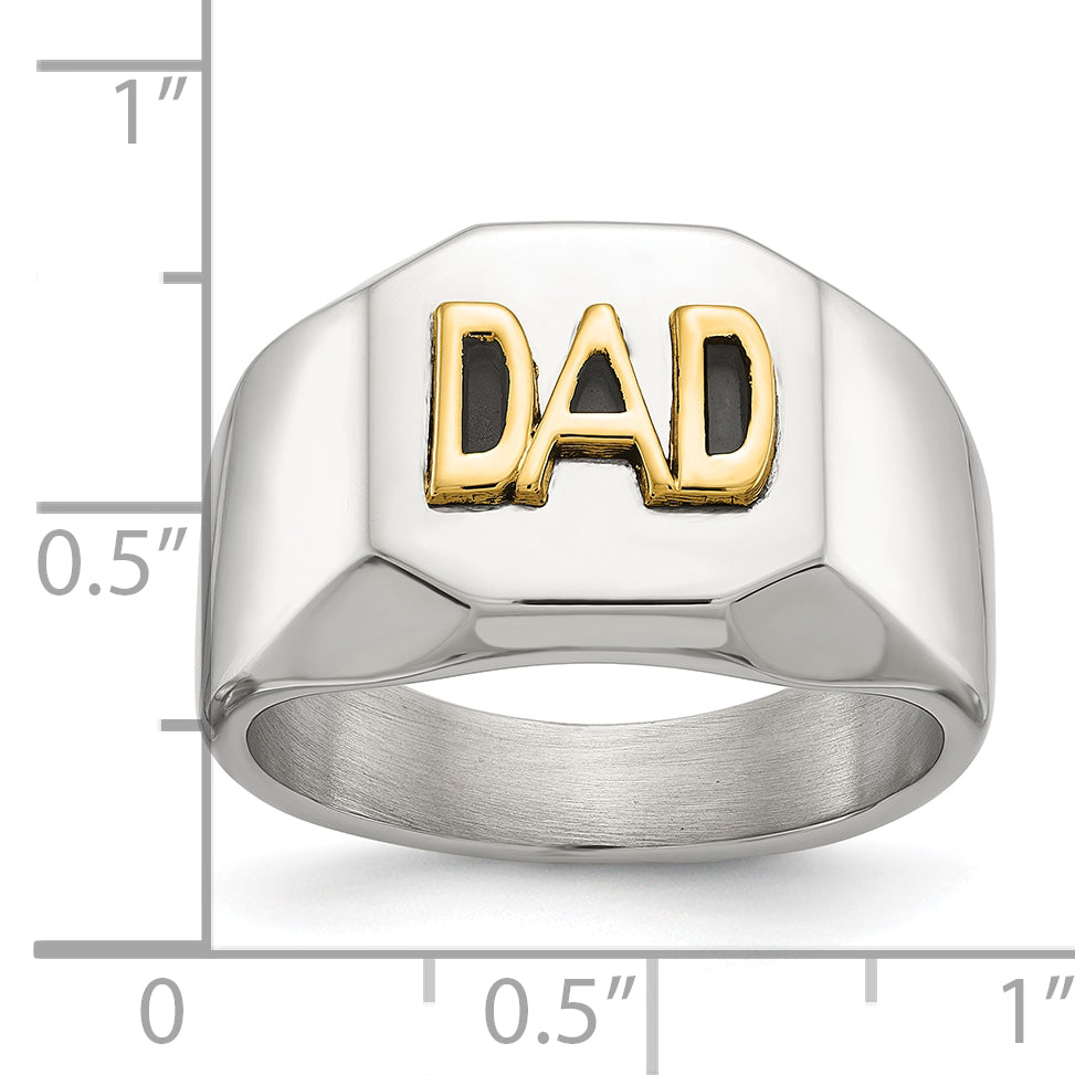 Men's Polished DAD Black Enamel Stainless Steel 14K Gold Accent Ring 8mm