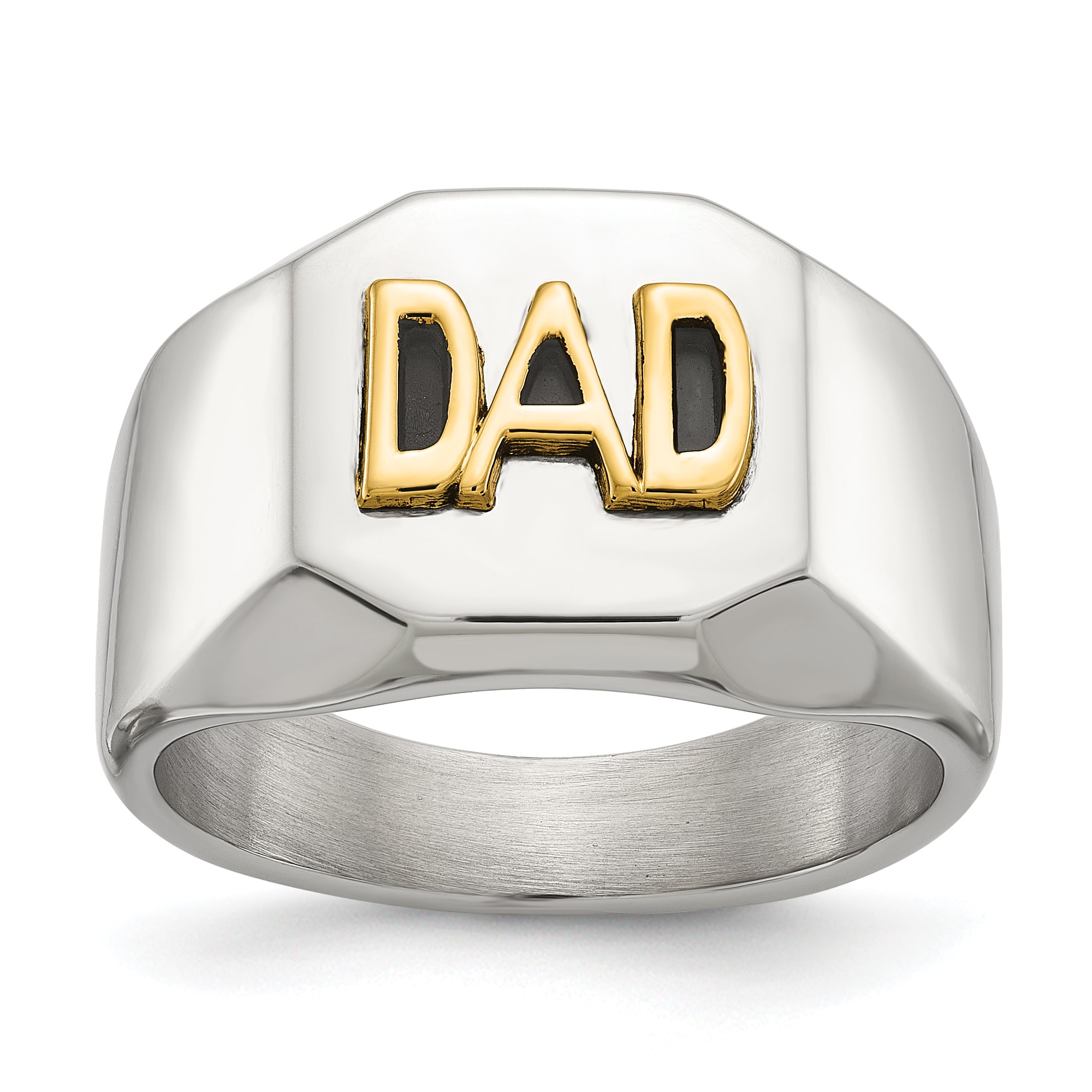 Men's Polished DAD Black Enamel Stainless Steel 14K Gold Accent Ring 8mm Main image