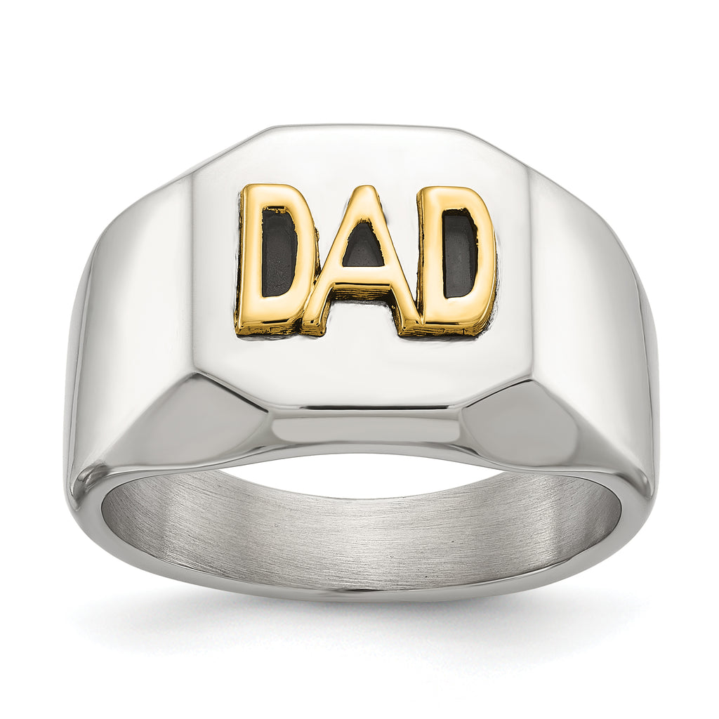 Men's Polished DAD Black Enamel Stainless Steel 14K Gold Accent Ring 8mm