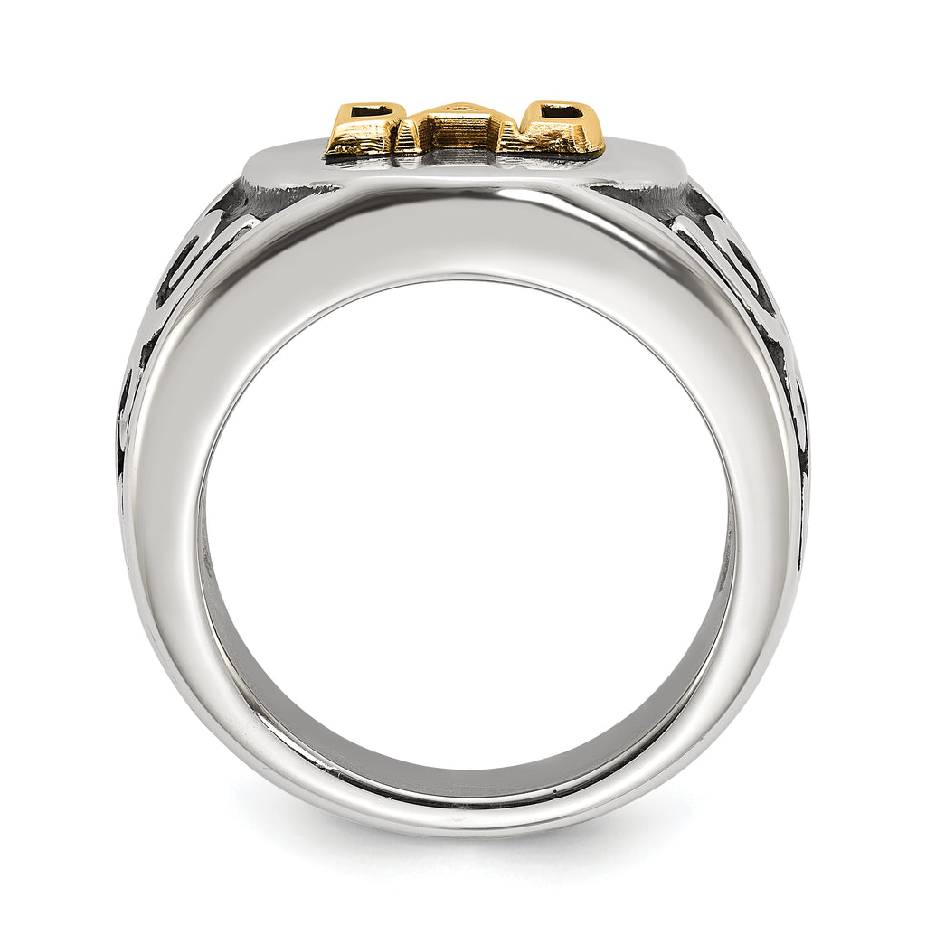 Men's Polished Diamond DAD Black Enamel Stainless Steel 14K Gold Accent Ring 8mm
