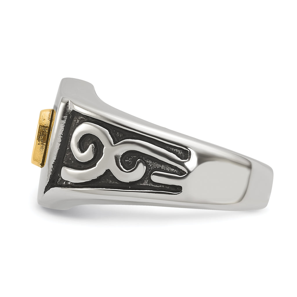 Men's Polished Diamond DAD Black Enamel Stainless Steel 14K Gold Accent Ring 8mm