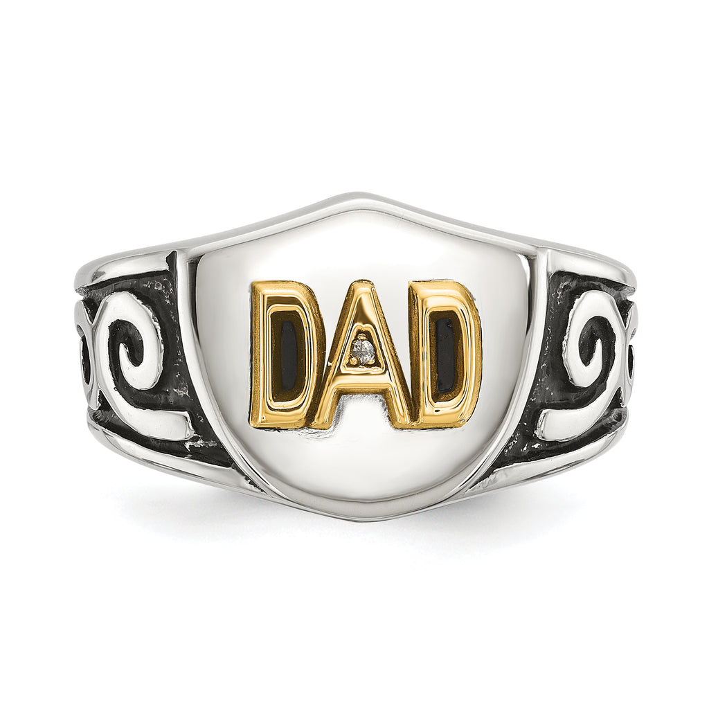 Men's Polished Diamond DAD Black Enamel Stainless Steel 14K Gold Accent Ring 8mm