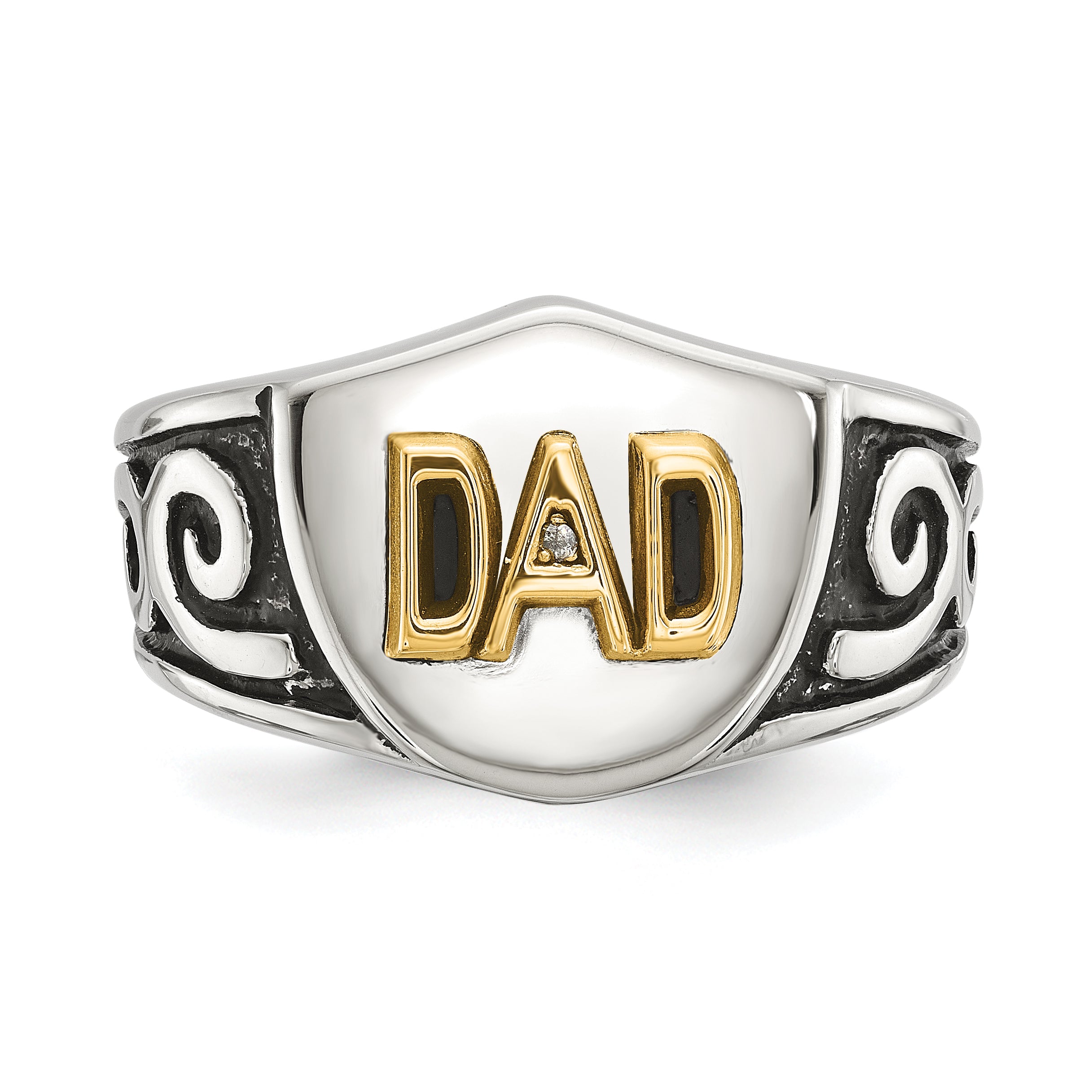 Men's Polished Diamond DAD Black Enamel Stainless Steel 14K Gold Accent Ring 8mm