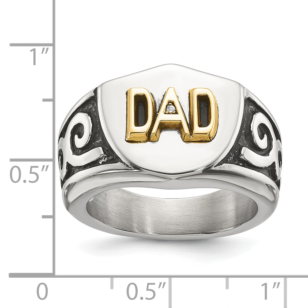 Men's Polished Diamond DAD Black Enamel Stainless Steel 14K Gold Accent Ring 8mm