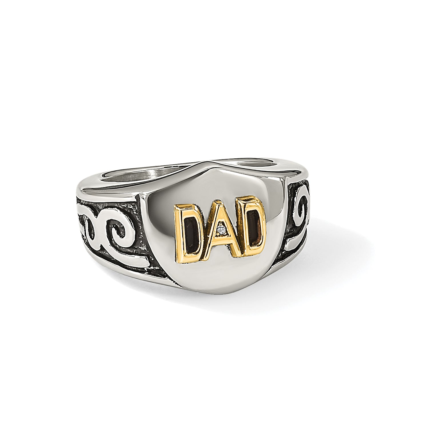 Men's Polished Diamond DAD Black Enamel Stainless Steel 14K Gold Accent Ring 8mm
