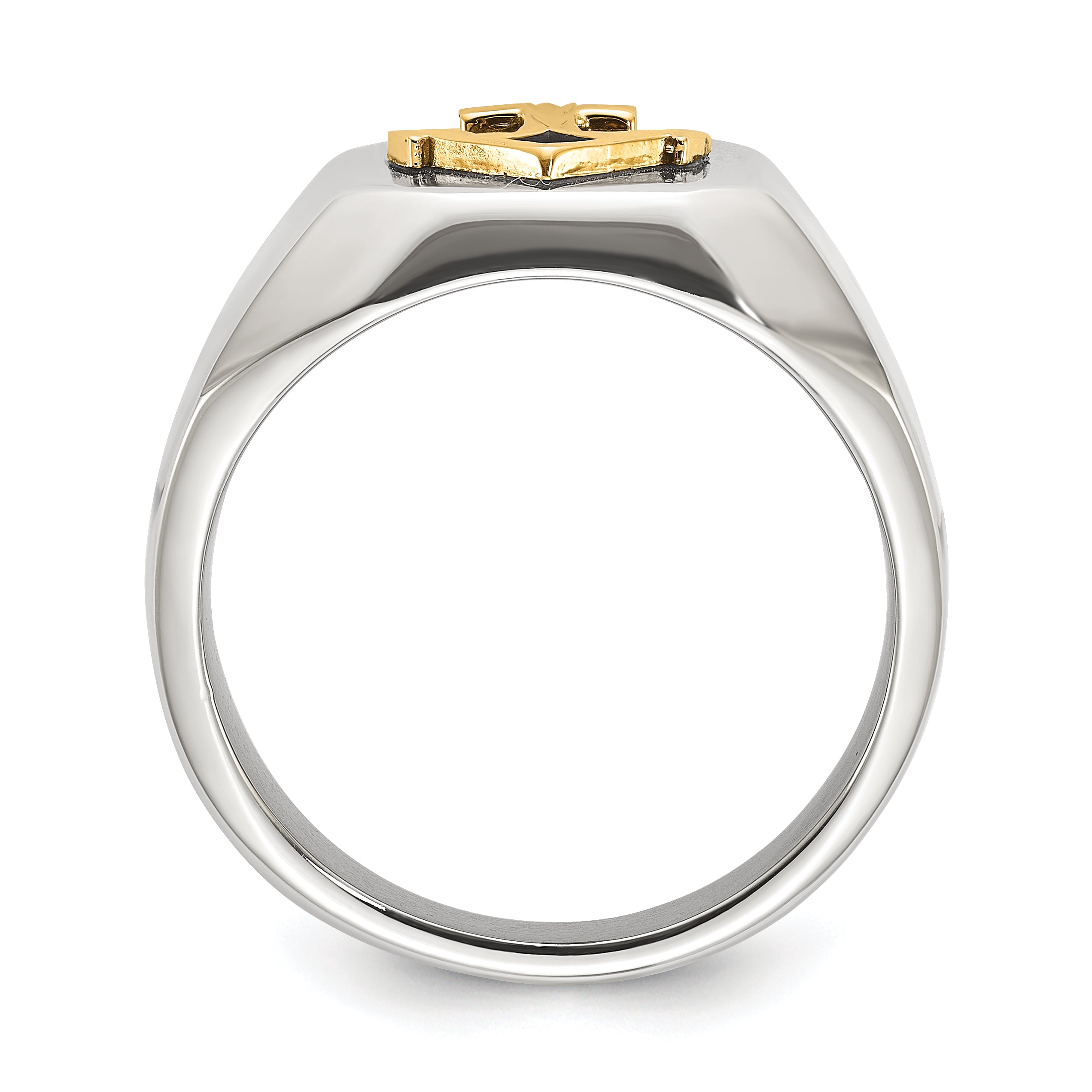Men's Polished Anchor Black Enamel Stainless Steel 14K Gold Accent Ring 11mm